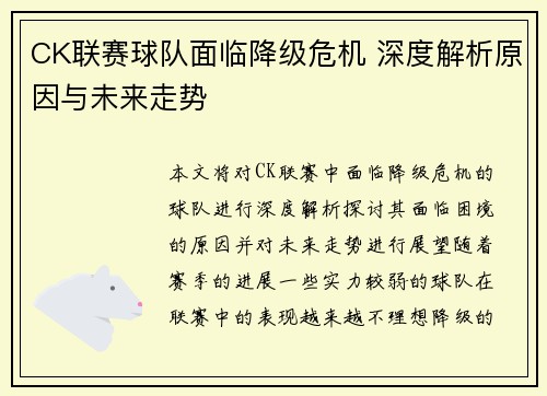 CK联赛球队面临降级危机 深度解析原因与未来走势