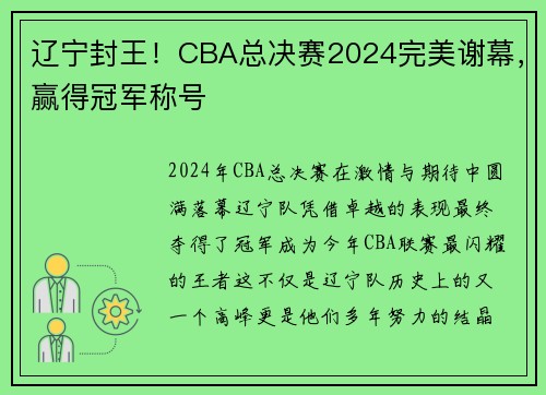 辽宁封王！CBA总决赛2024完美谢幕，赢得冠军称号