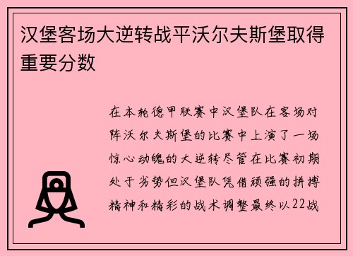 汉堡客场大逆转战平沃尔夫斯堡取得重要分数