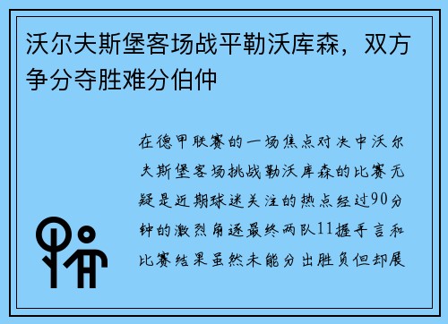 沃尔夫斯堡客场战平勒沃库森，双方争分夺胜难分伯仲