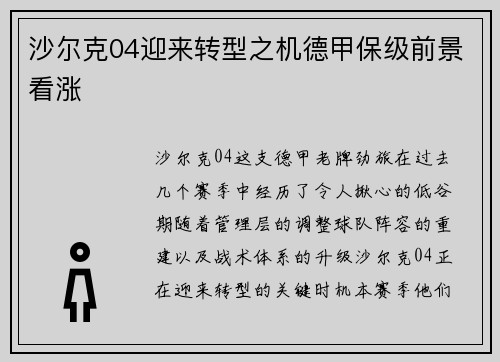 沙尔克04迎来转型之机德甲保级前景看涨